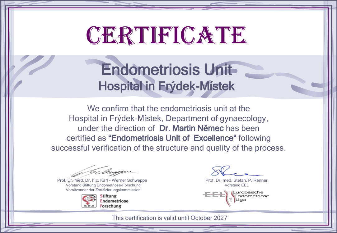 Certifikát akreditovaného centra pro léčbu endometriózy - Frýdek-Místek